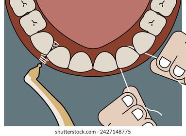 limpiar los dientes con hilo dental y 
cepillo interdental - ilustración plana 