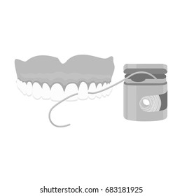 Cleaning the teeth with a Silk dental floss. Stomatology single icon in monochrome style vector symbol stock illustration web.