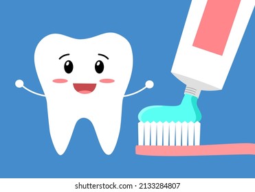 Cleaning teeth with toothbrush and toothpaste cartoon character in flat design. Cute dental care. Oral healthcare.