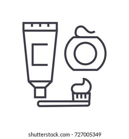 cleaning teeth,brush, toothpaste, dental floss vector line icon, sign, illustration on background, editable strokes
