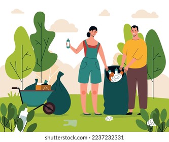 Concepto de limpieza del territorio. Mujer y hombre cerca del contenedor de basura. Activistas ecológicos y voluntarios, sociedad responsable. Afiche o cartel motivacional para el sitio web. Dibujo vectorial plano de dibujos animados