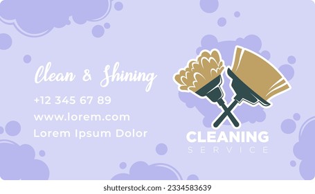 Cleaning and tidying up service, clean and shiny. Business card with company name, phone number and website address, brushes for dusting. Organization for help. Vector in flat style illustration