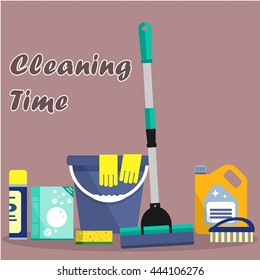 Cleaning time concept. Flat illustration. Vector cleaning products symbols. It can be used for the websites, banners, typographical products