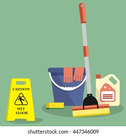 Cleaning time concept. Flat illustration. There is a "Caution! Wet floor" sign and symbols of vector cleaning products in the picture. It can be used for the websites, banners, typographical products