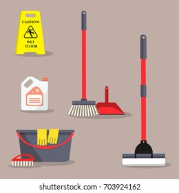 Cleaning time concept. There is a "Caution! Wet floor" sign and symbols of cleaning products isolated on a brown background in the picture. It can be used for the websites, banners, magazines. Vector