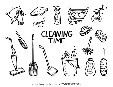 Cleaning time hand drawn doodle. Laundry room. House cleaning. Mop, soap, rag, bucket, brush, spray. Vector outline line art illustration.