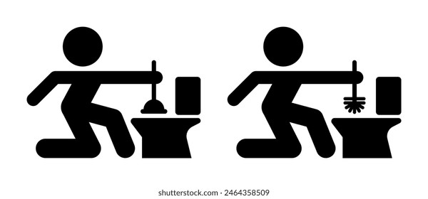 Cleaning toilet icon. Plumber repair sanitary. Handyman unclog a toilet with a plunger. Isolated flat vector illustration.