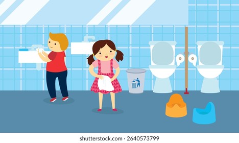 Cleaning the toilet. Vector illustration in flat style. The girl washes the toilet.