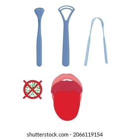 cleaning the tongue from plaque. tongue cleaning tools isolated on white background. Brush, scraper, spoon for cleaning plaque. oral hygiene. set of elements. vector flat.