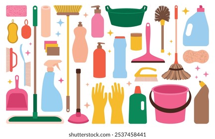 Reinigungswerkzeug großes Set. Flaschenförmige Haushaltschemikalien, Mopp, Pinsel, Handschuhe und andere Reinigungswerkzeuge. Isolierte Vektorgrafik im Clip-Art-Stil