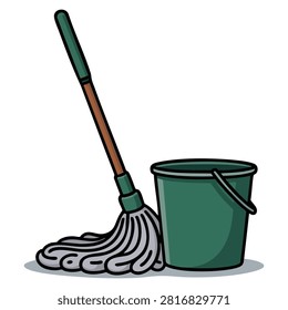 Cleaning tool floor mop with bucket and pole brush vector isolated for housework and housecleaning item illustration