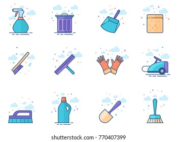 Cleaning tool icon series in flat color style. Vector illustration.