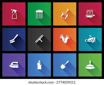 Cleaning tool icon series in long shadows color style illustration.