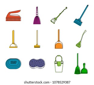 Cleaning tool icon set. Color outline set of cleaning tool vector icons for web design isolated on white background