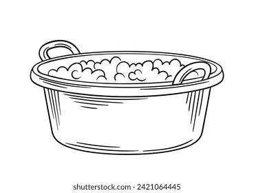 Cleaning tool linear. Bucket with soap. Cleanliness and hygiene. Household chores and routine. Minimalistic creativity and art. Outline flat vector illustration isolated on white background