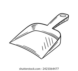 Cleaning tool linear. Contour of dustpan for home. Cleanliness and hygiene. Household chores and routine. Template and layout. Outline flat vector illustration isolated on white background