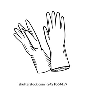 Cleaning tool linear. Rubber gloves for home. Cleanliness and hygiene. Household chores and routine. Template and layout. Outline flat vector illustration isolated on white background