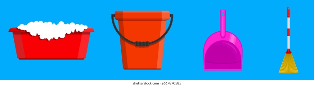 Cleaning tool set for house and kitchen. Household equipment for home cleaning. Flat style vector illustration.