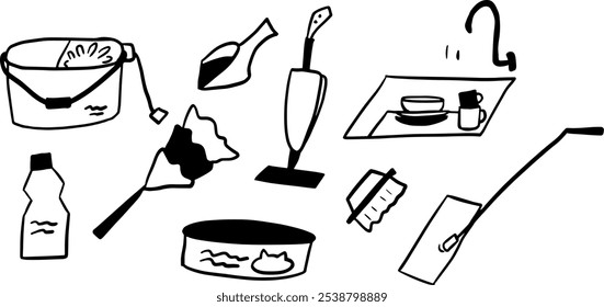 Cleaning Tool Set Illustration | Minimalist Doodle Style Vector