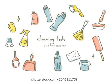 Conjunto de ferramentas de limpeza - Ilustração de linha desenhada à mão elegante e bonito