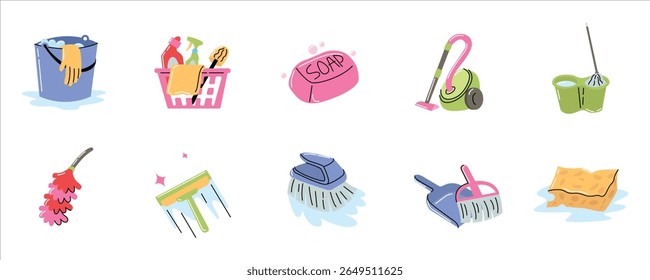 Cleaning Tool, Cleaning Tools and Supplies Illustrations for Household Chores. Cleaning Equipmment Vector Set