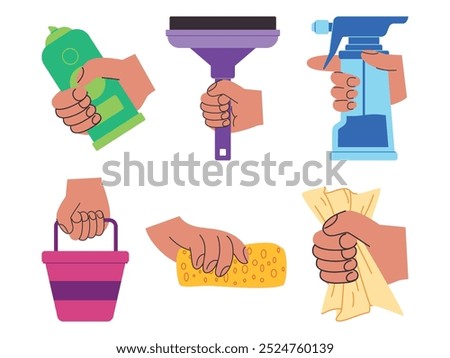 Cleaning tool window wiper squeegee sponge spray bottle towel rag bucket hand holding house cleaner tool household chore work design set collection cartoon
