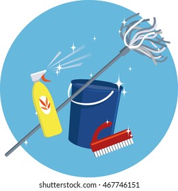 Cleaning tools ans supplies: a bucket, a mop and a spray bottle, EPS 8 vector illustration, no transparencies