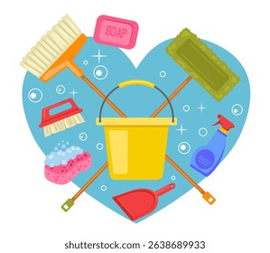 Cleaning tools banner concept with heart shape background. I love cleaning concept. Vector flat graphic design illustration