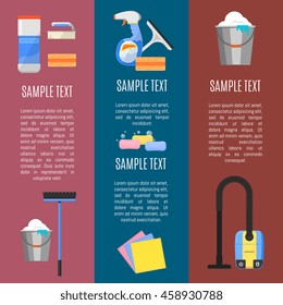 Cleaning tools banners flat vector illustration.