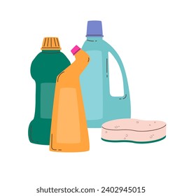 Cleaning tools - bottles with household chemicals and sponge. Modern flat vector illustration isolated on white background