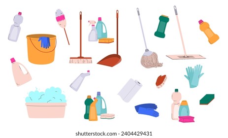 Cleaning tools - bottles with household chemicals, bucket, dustpan, broom,  basin with foam, rubber gloves and sponges. Modern flat vector illustration isolated on white background