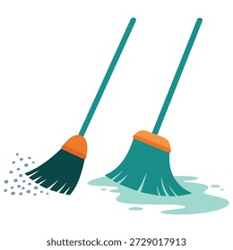 ferramentas de limpeza vassoura e esfregão conjunto isolado vetor ilustração no fundo branco