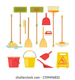 Cleaning tools broom mop supplies isolated set. Vector flat cartoon graphic design illustration