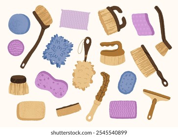 Cleaning tools brushes sponges. Washing equipment for home and office, brushes, mop and sponge for cleaning, housework supplies. Vector isolated set.