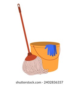 Cleaning tools - bucket, mop and gloves. Modern flat vector illustration isolated on white background