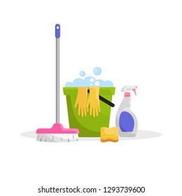 Cleaning tools: bucket, rubber gloves, sponge, spray, mop.
