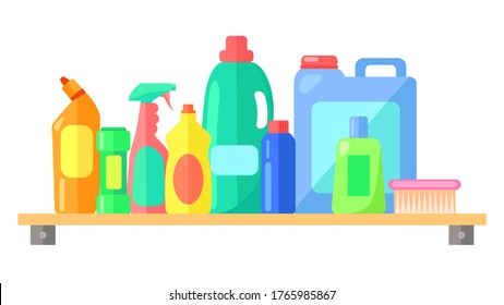 Cleaning tools, collection of bottle with laundry detergent, toilet cleaner, cleanser, spray for cleaning window or glass, brush, container with liquid for washing clothes, dishwashing liquid