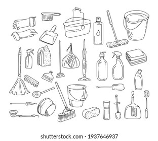 Cleaning tools collection.Washing equipment for floor,windows and dust removing.Vector doodle style set for purifying on white background.Bucket, brushes, detergent and soap. Line art items.