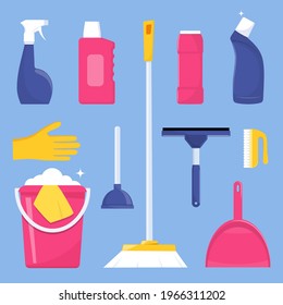 Cleaning tools and detergent for cleaning service web banner, poster design. Bucket, scoop, brush, washing powder, bottle of spray, sponge, glass scraper, rubber gloves. Vector illustration