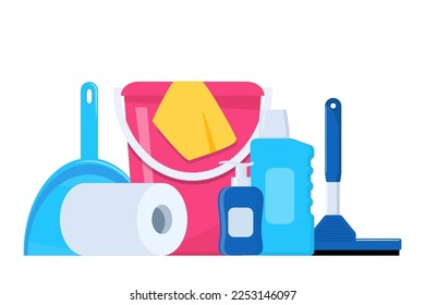 Cleaning tools and detergent for cleaning service web banner, poster design. Bucket, scoop, brush, washing powder, bottle of spray, sponge, glass scraper, rubber gloves. Vector illustration