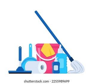 Cleaning tools and detergent for cleaning service web banner, poster design. Bucket, scoop, brush, washing powder, bottle of spray, sponge, glass scraper, rubber gloves. Vector illustration