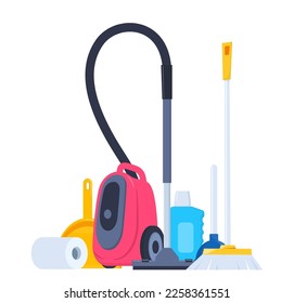 Cleaning tools and detergent for cleaning service web banner, poster design. Bucket, scoop, brush, washing powder, bottle of spray, sponge, glass scraper, rubber gloves. Vector illustration