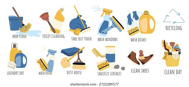 Herramientas de limpieza, detergentes y pegatinas. Ilustración vectorial en estilo plano de dibujos animados. Equipamiento de la casa, polvos para el hogar limpio, artículos de lavandería. Conjunto de Elementos de trabajo doméstico, colección de suministros de limpieza