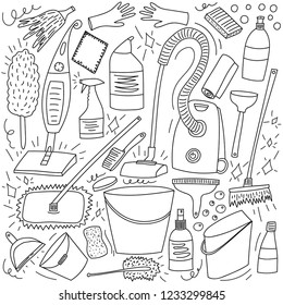 Cleaning tools doodle art, washing, house cleaning, vacuum cleaner, bottles with cleaning soaps