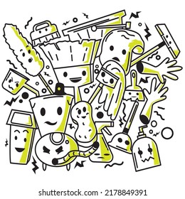 cleaning tools doodle in line art style . perfect to use for wallpaper , clothing print, backdrop, etc. brush, wipe, dipper, bucket, trash can, gloves, sponge , liquid cleaner vector in EPS10 
