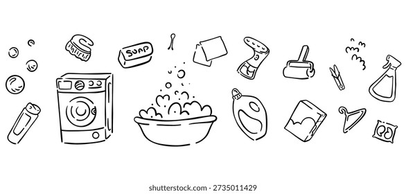 Cleaning tools doodle set. Hand drawn icons of bucket, mop, spray bottle and brush. Vector outline illustration for housekeeping, laundry room and home chores.