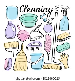 Cleaning tools doodle vector set. Hand-drawn cartoon collection of house cleaning stuff. Doodle drawing. Vector illustration