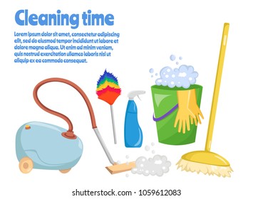 Cleaning tools and equipment with cartoon mop, bucket and vacuum cleaner illustration vector banner background.