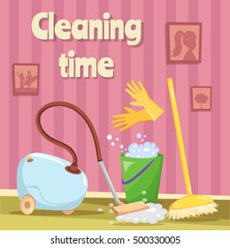 Cleaning tools and equipment with cartoon mop, bucket and vacuum cleaner illustration vector background.