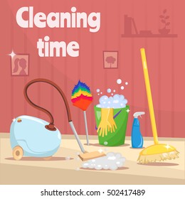 Cleaning tools and equipment with cartoon mop, bucket and vacuum cleaner illustration vector background.